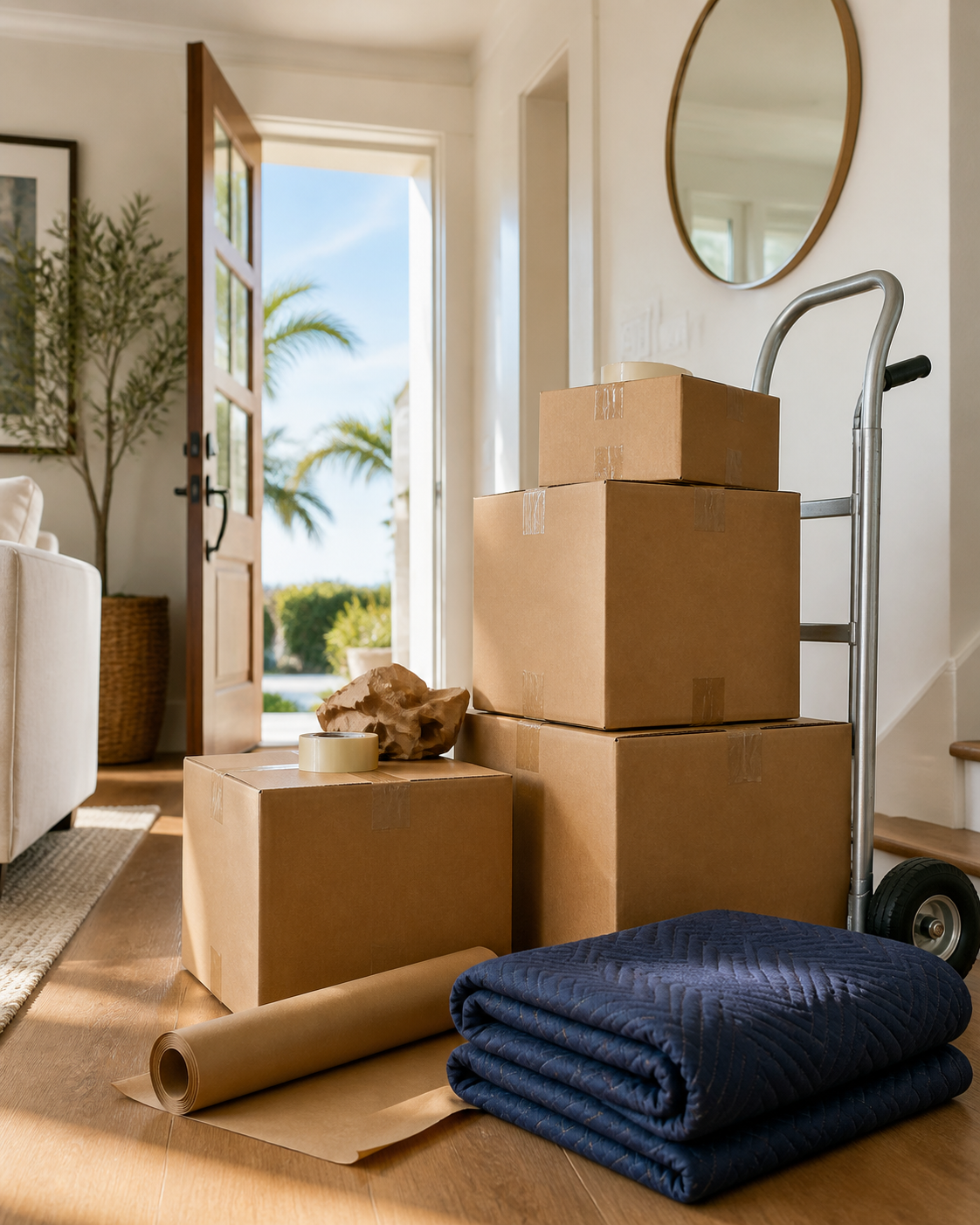 An organized moving day with packed boxes, protective blankets, and a hand truck in a Southern California home