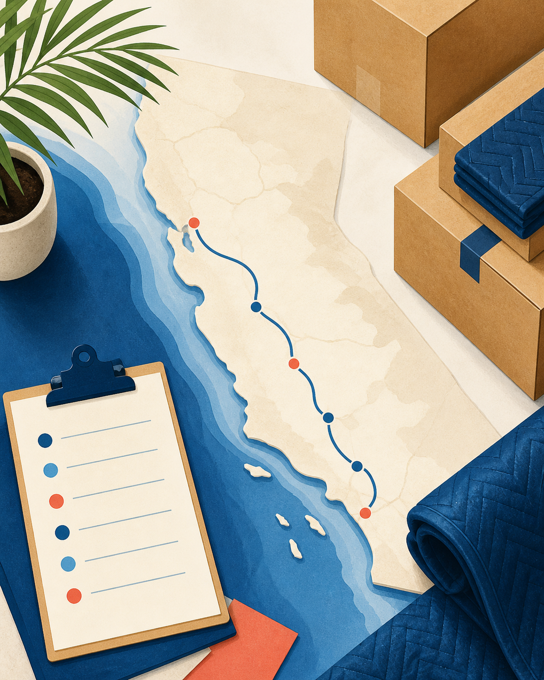 Illustrated Southern California moving route with packing and planning essentials