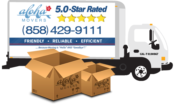 Aloha Movers truck and moving boxes in San Diego