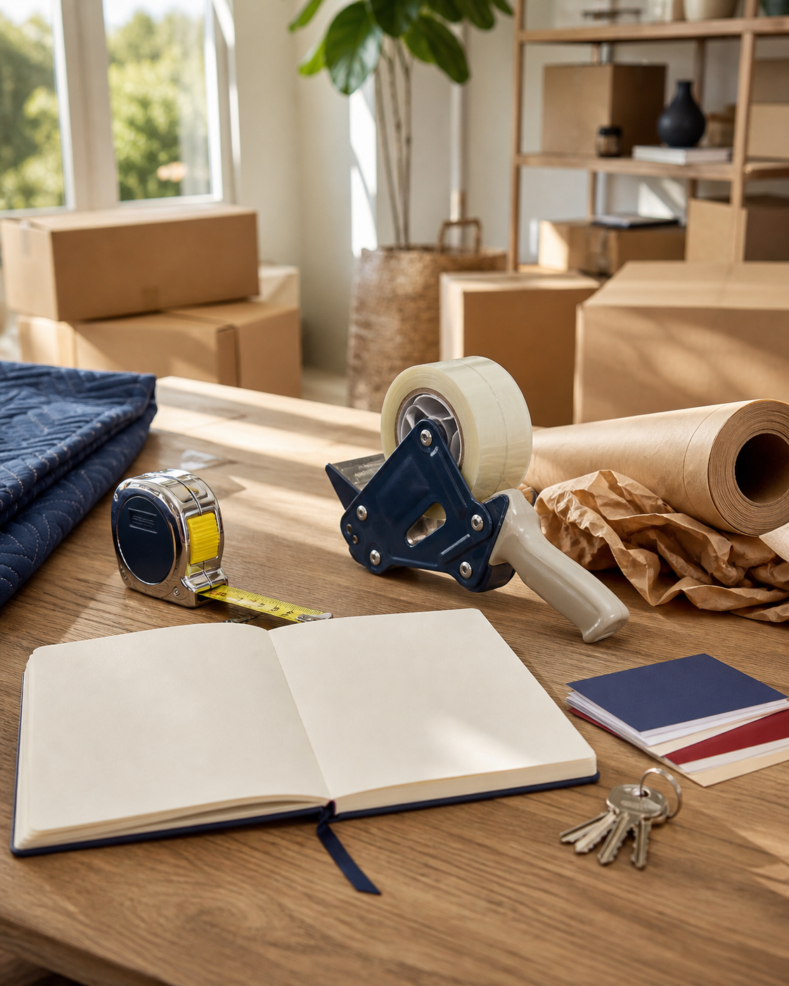 Moving tools, notebook, keys, and packing materials arranged as a practical advice workspace