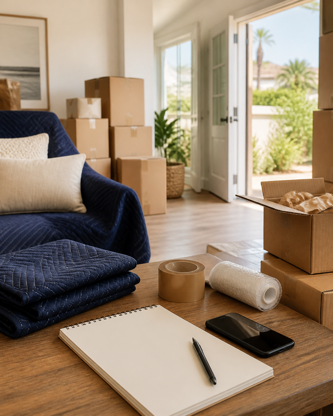 A prepared moving scene with boxes, protective blankets, notebook, and phone in a San Diego home