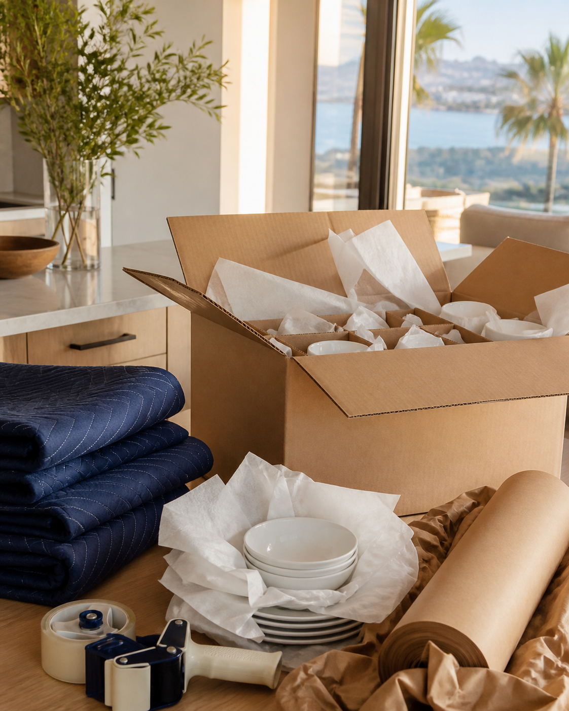 Professional packing materials arranged carefully in a bright San Diego home